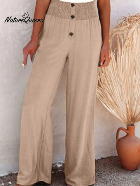 Hemp Elasticated Loose Casual Wide - Leg Women’s Trousers Khaki / S