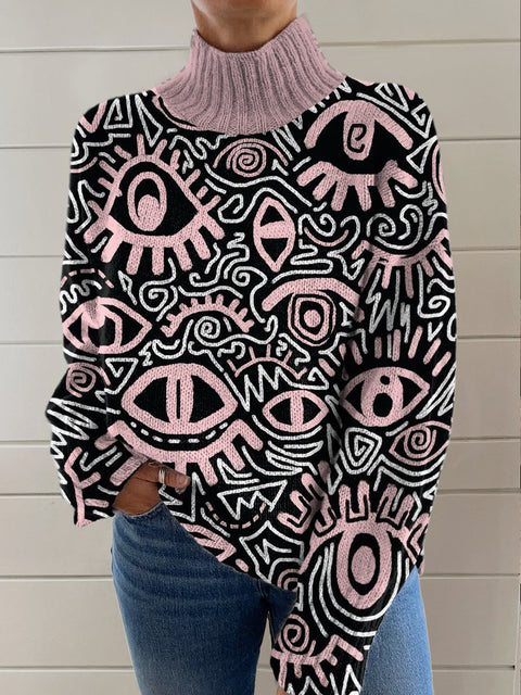 Abstract Art Eyes Print Knit Turtleneck Pullover Sweater