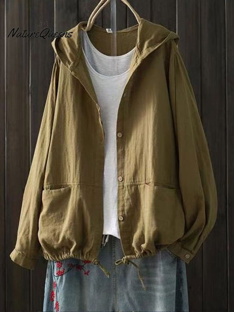 Women's Loose Large Size Cotton Yarn Hooded Long Sleeve Cardigan Casual Jacket