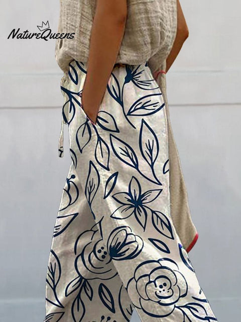 Hand Drawing Style Rose Pattern Printed Women's 100 %Cotton Casual Pants