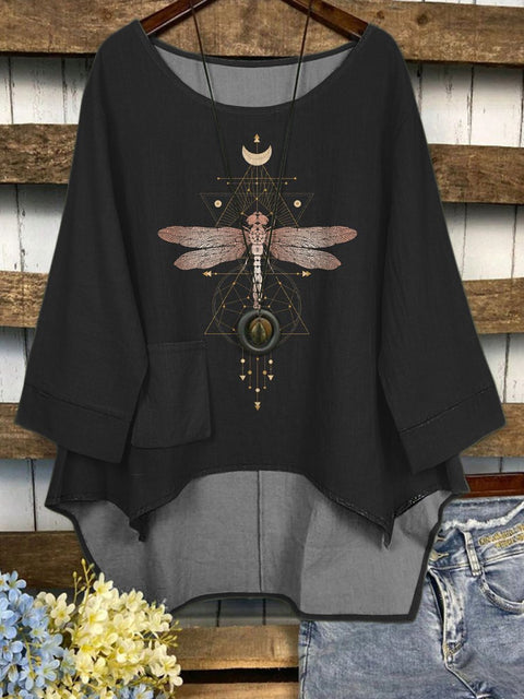 Minimalist Dragonfly Graphic Printed Women's Casual Long Sleeve Comfortable Cotton Top