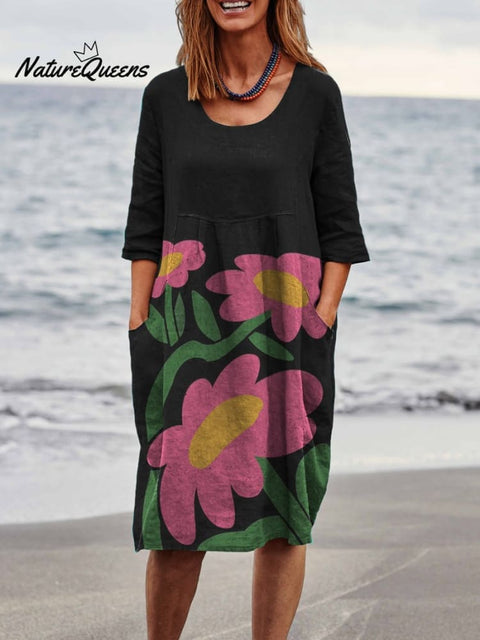 Cute Little Pink Flowers Print Womens Linen Pocket Tunic Dress Multicolor / S