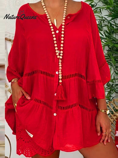 Mid Sleeve Cotton And Linen V - Neck Shirt Dresses Red / S