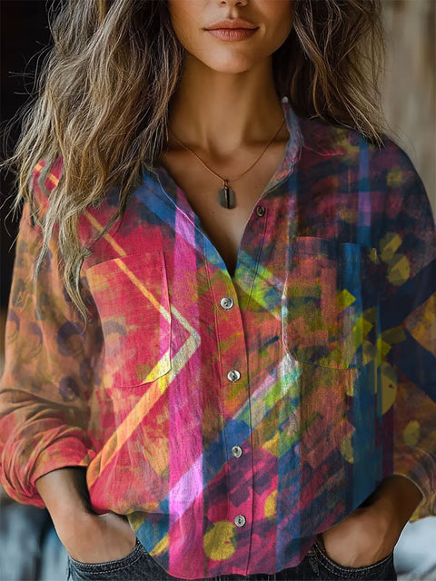 Women's Geometry Retro Art  Print Casual Long Sleeve Comfortable Cotton Shirt