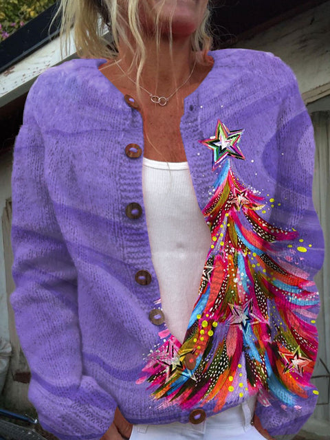 Magic Christmas Cozy Christmas Tree Print  Buttoned Cardigan Sweater