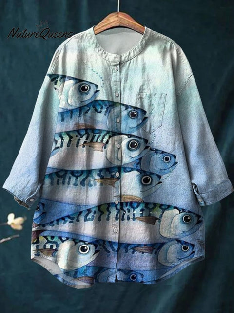 Women's Blue Fish Print Casual Cotton And Linen Shirt