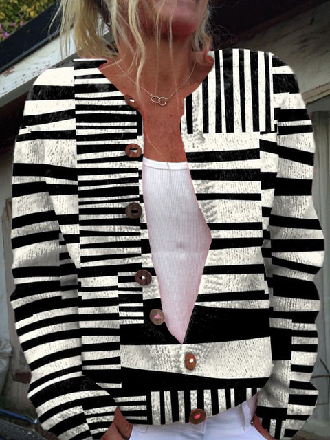 Black and White Abstract Stripes Print Buttoned Cardigan Sweater