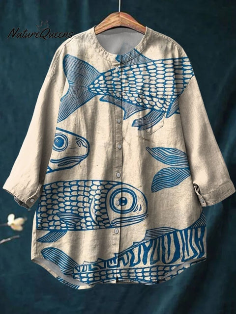Women's Blue minimalist line fish Print Casual Cotton And Linen Shirt