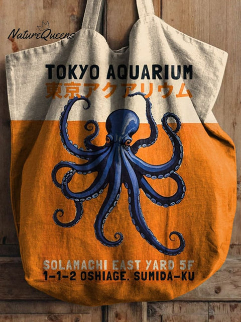 Tokyo Aquarium Octopus Art Printed Linen Tote Bag