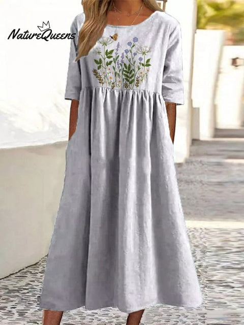 Embroidery Style Floral Bush Pattern Printed Women's Pocket Cotton Dress