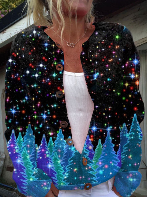 Glitter Christmas Art Print Buttoned Cardigan Sweater