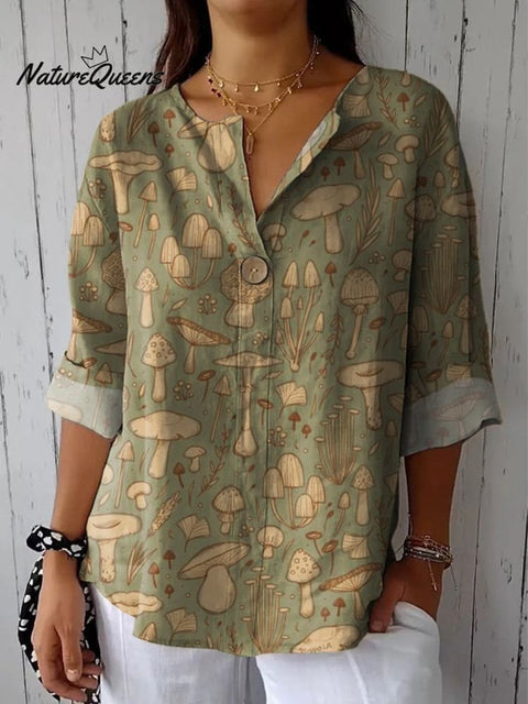 Assorted Wild Mushrooms Repeat Pattern Printed Women's Casual Cotton Linen Shirt