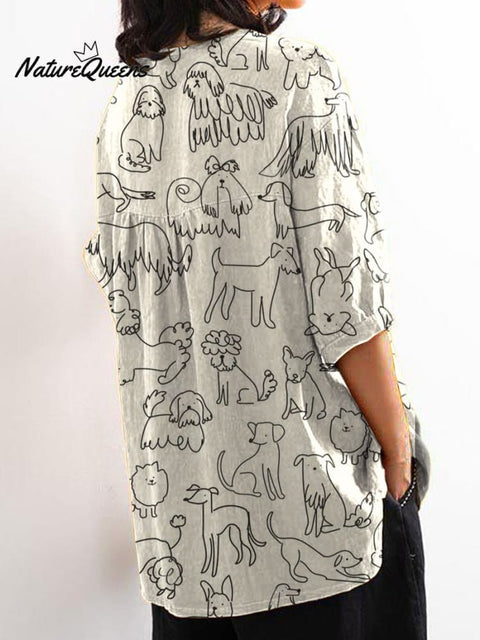 Women's Black and White Line Puppy Print Casual Cotton And Linen Shirt