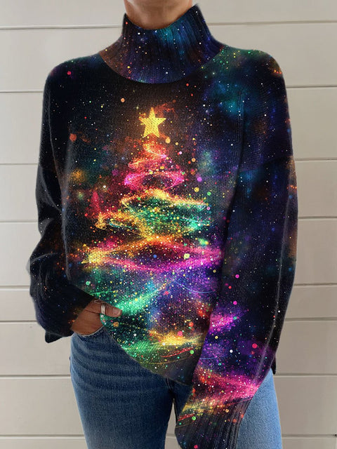 Glitter Christmas Print Knit Turtleneck Pullover Sweater