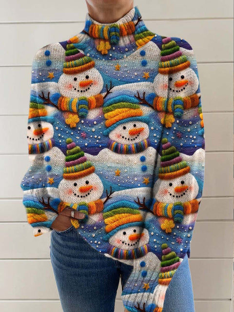 Women's Lovely Christmas Snowman Art Print Knit Turtleneck Pullover Sweater