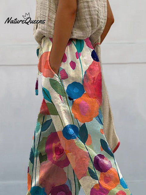 Oil Painting Summer Floral Art Printed Women's 100%Cotton Casual Pants