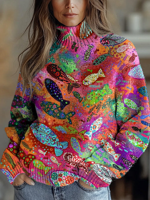 Multicolor Fish Art Printed Knit Turtleneck Pullover Sweater