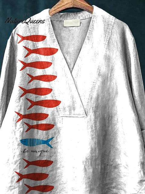 Be Unique Fish Graphic Printed Women's Casual Cotton And Linen V-neck Shirt