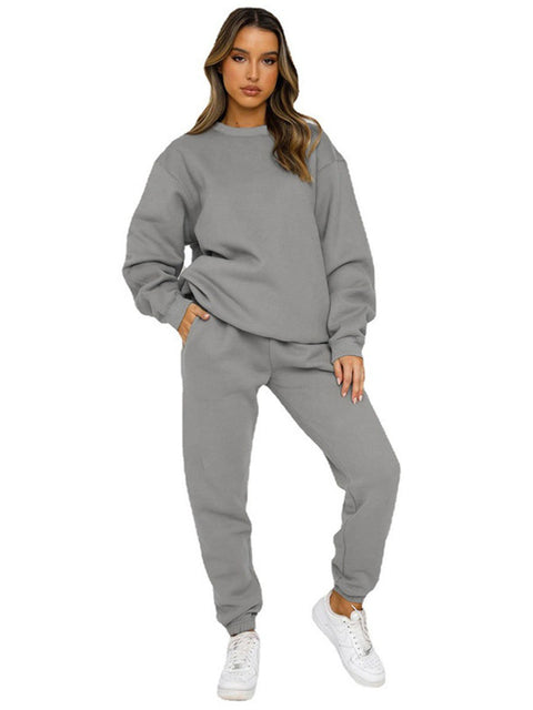 Solid Color Round Neck Long Sleeve Trousers Sweatshirt Suit