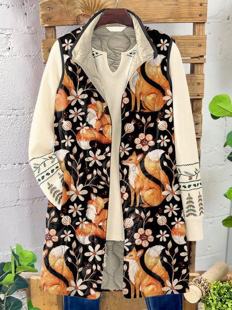 Women's Funny Fox Art Print Casual Quilted  Sleeveless Coat