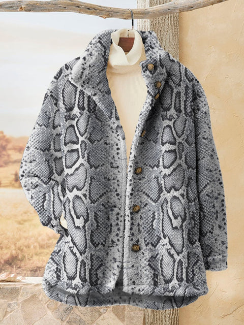 Black and White Python Pattern Decorative Pattern Casual Sherpa Coat Cardigan