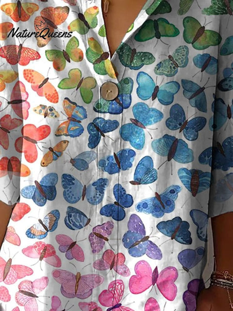 Rainbow Ombre Butterfly Pattern Printed Women's Casual Cotton Linen Shirt
