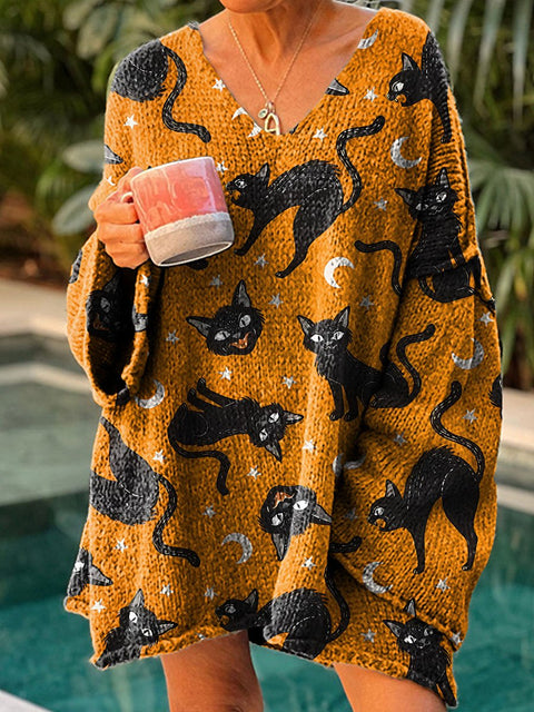 Halloween black cat animals gift fall Women's Casual Pullover Sweater