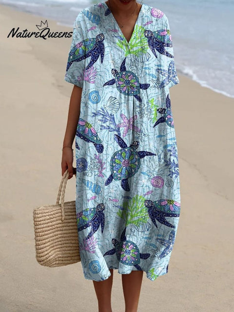 Sea Turtle And Coral Reef Pattern Printed Women's Flowy Dress