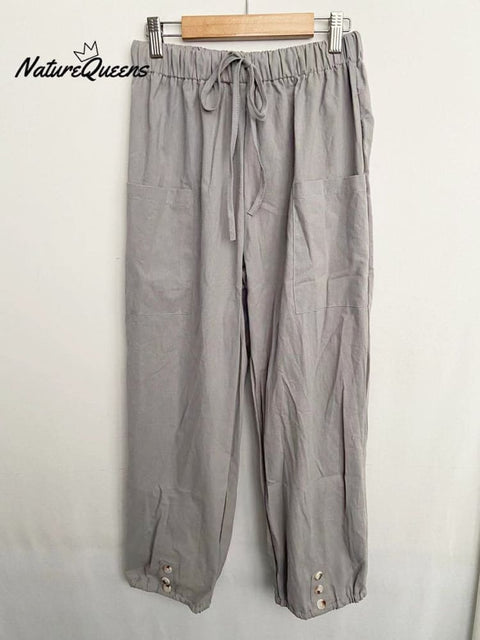 High - Waisted Buttoned Cotton And Linen Pants Cropped Gray / S
