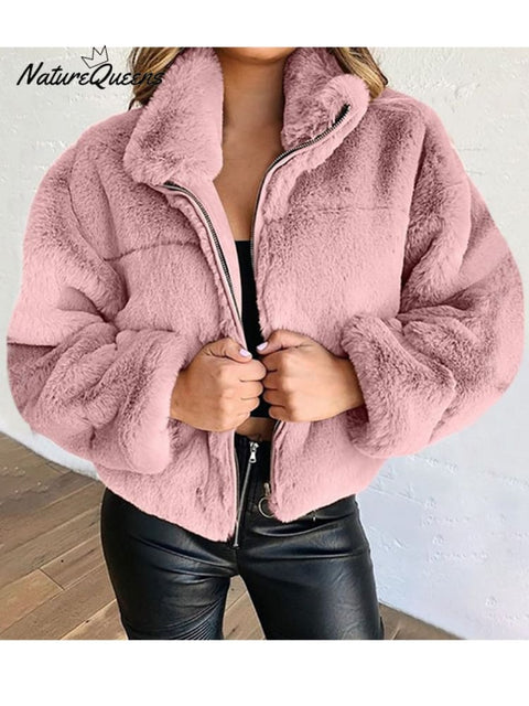 Autumn and Winter Imitation Fur Zipper Cardigan Plush Warm Jacket