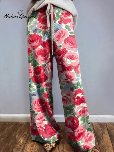 Women's Lovely Meadows Floral Pattern Printed Comfortable Knitted Trousers
