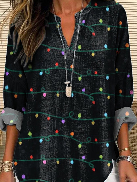 Christmas Light Pattern Printed Women's Casual Linen V-Neck Shirt