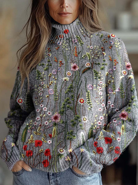 Women's Lovely Floral Art Print Knit Turtleneck Pullover Sweater