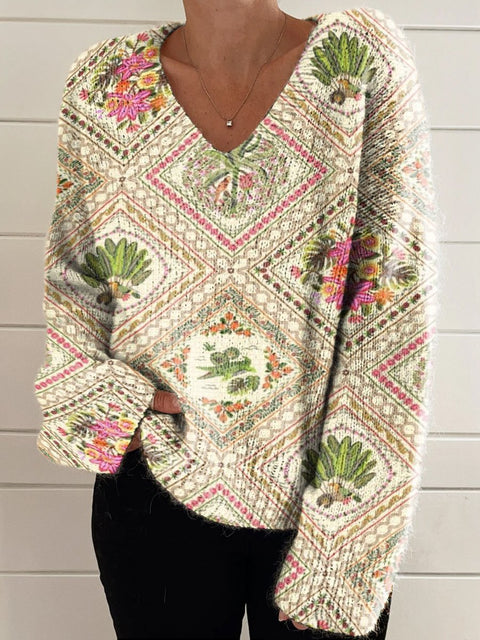 Diamond-shaped Floral Decorative Pattern Casual V-neck Pullover Knit