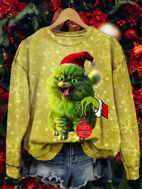 Glitter Christmas Cats Print  Casual  Sweatshirt