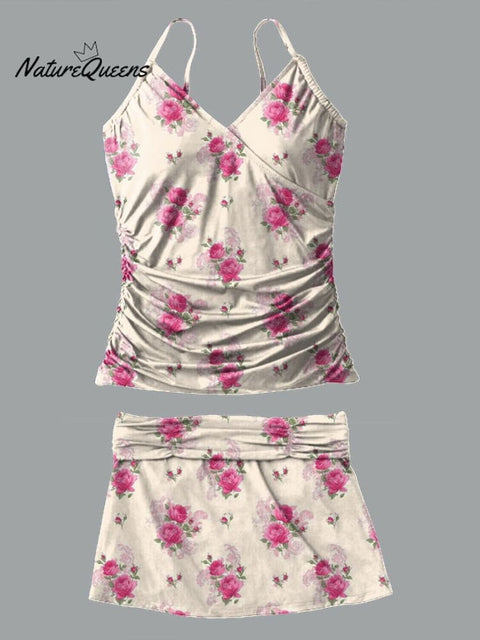 Watercolor French Rose Repeat Pattern Printed V-Neck Suspender Skirt Tankini Pantskirt Set Swimsuit