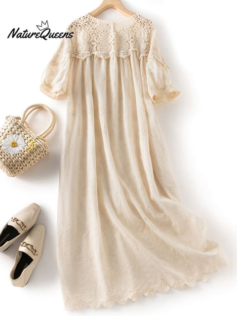 Literary Embroidered Chain Link Hollow Lace Dress