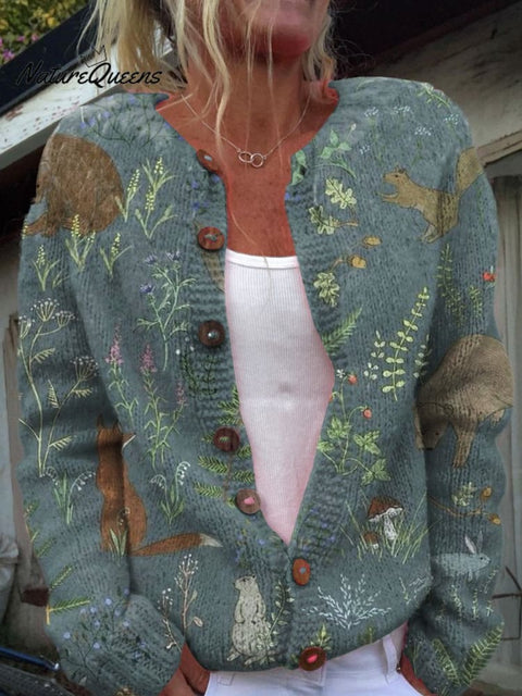 Midnight Woodland And Animal Pattern Printed Buttoned Cardigan Sweater