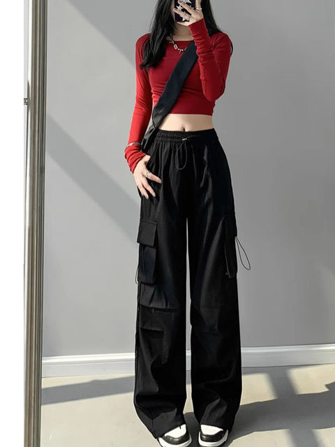 Women's Retro Stylish Casual High Waist Sports Parachute Wide Leg Pants