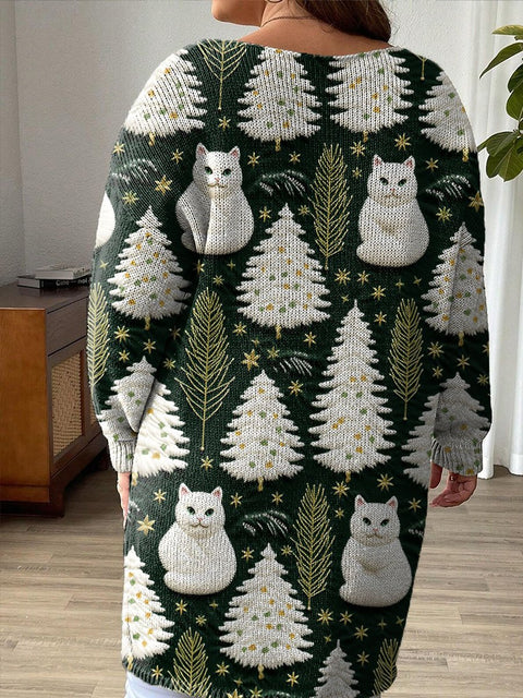 Women's Lovely Christmas Tree Cats Art Print Casual Pullover Sweater Dress