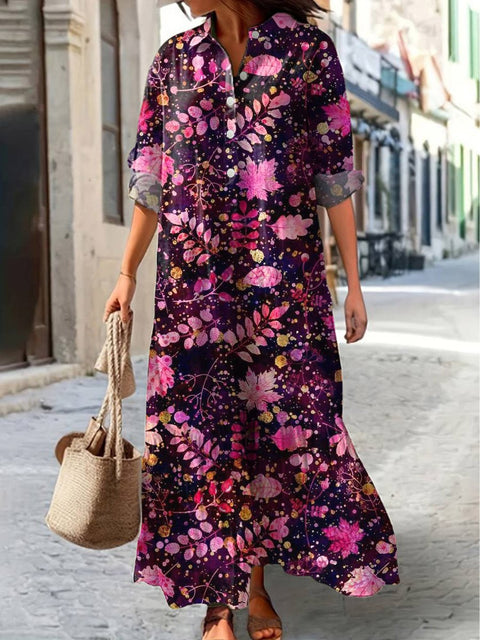 Colorful Fall Leaf Pattern Printed Women's Pocket Cotton Dress