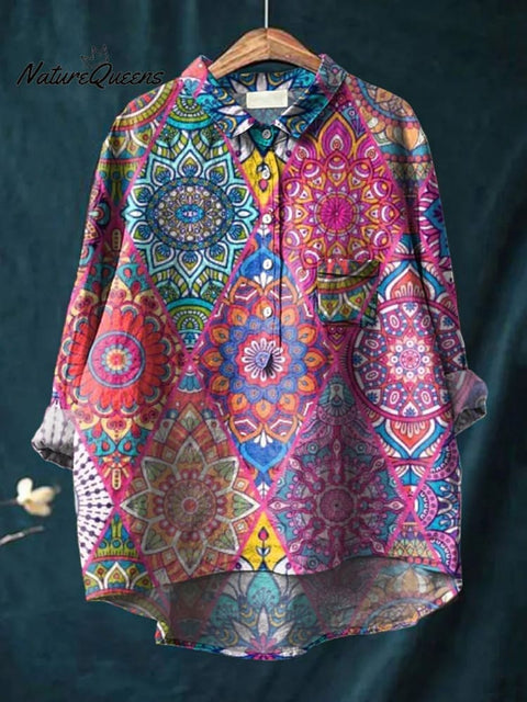 Hippie Style Geometric Pattern Printed Women's Casual Cotton And Linen Shirt