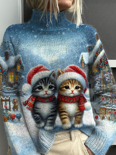 Funny Cats  Christmas  Print Knit Turtleneck Pullover Sweater