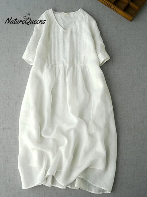 Elegant Pleated Loose Cotton Linen Dress