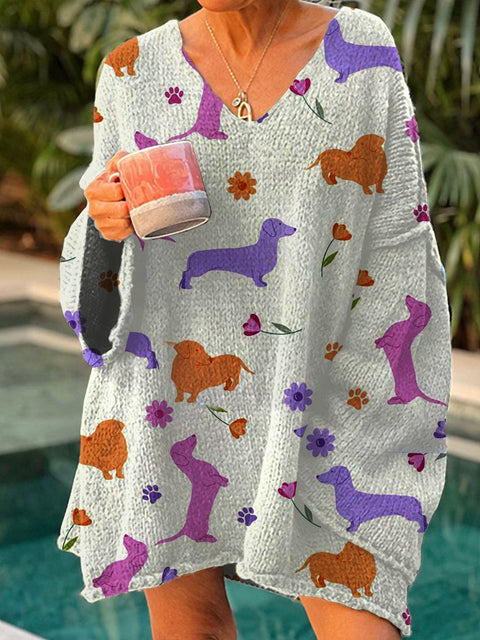 Women's Dog Art Print  Casual Pullover Sweater