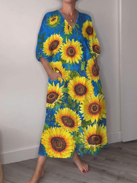 Blue Sky and Sunflower Garden Decorative Pattern Pocket V-neck Cotton Dress