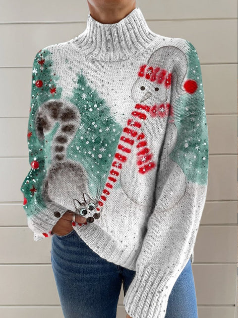 Retro Christmas Cats and Snowmen Print Knit Turtleneck Pullover Sweater