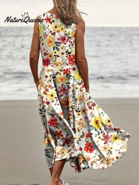 Assorted Tropical Floral Repeat Pattern Printed Women’s Pocket Pinafore Linen Dress