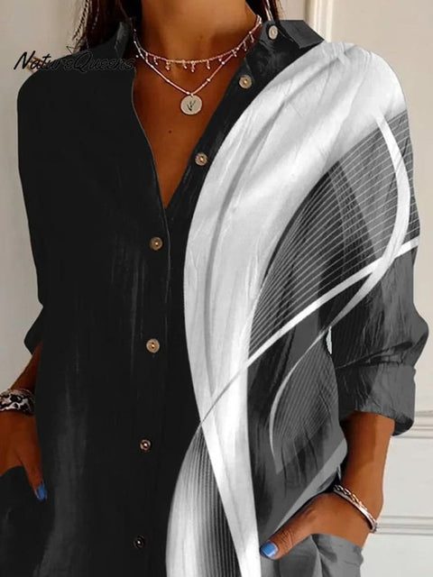 Black And White Abstract Modern Art Printed Women's Casual Cotton Shirt