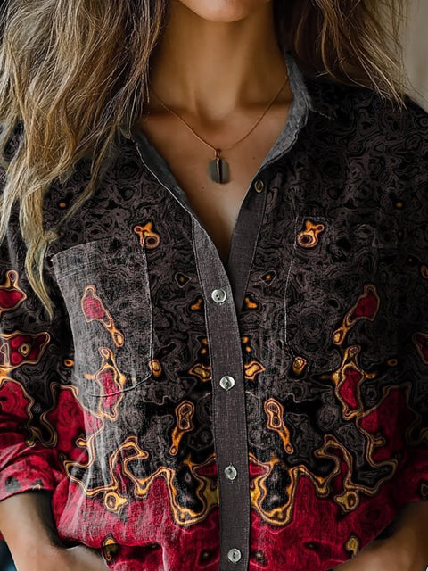 Oil Leakage Abstract Art Printed Women's Casual Long Sleeve Comfortable Cotton Shirt